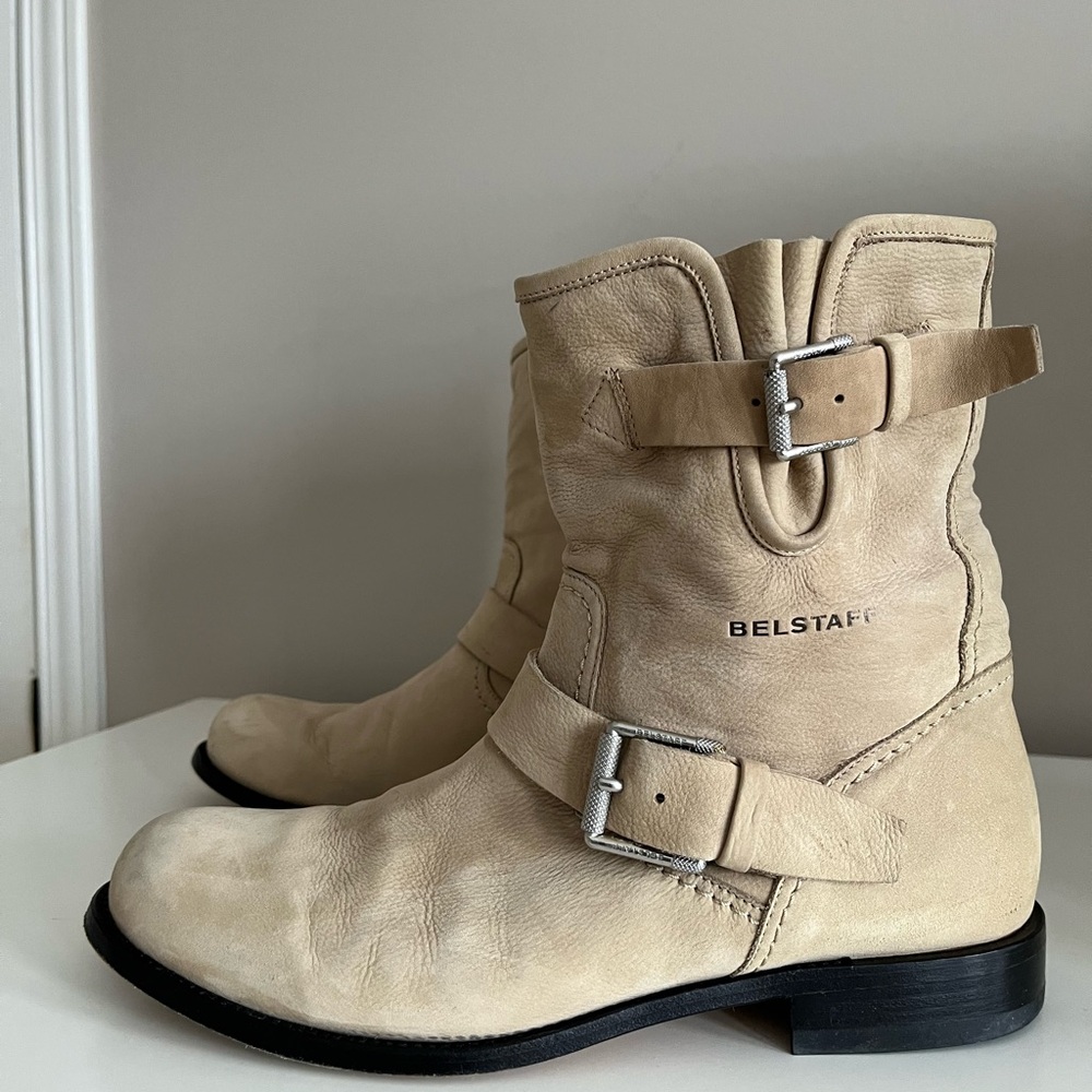 Belstaff Nubuck Leather Boots Sand Tan Beige 40 Chloe Boho Luxury Moto Ankle